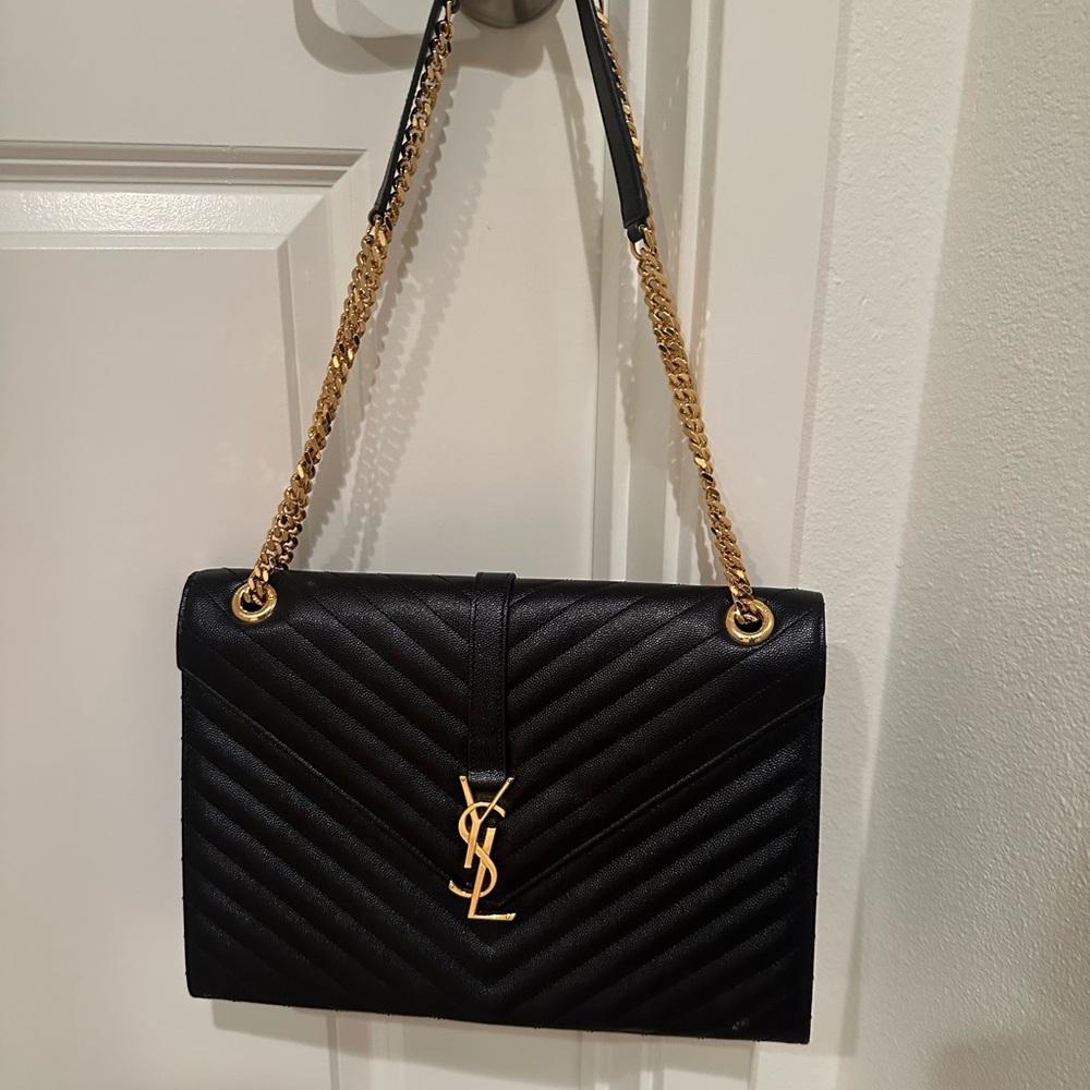 Yves Saint Laurent Black and Gold Chevron Shoulder Bag